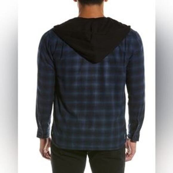 VINCE Men's Tonal Shadow Plaid Hooded Shirt In Blue Size M NWT - Picture 2 of 12